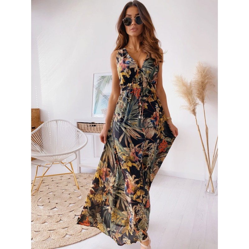 Dresses Sleeveless White Printed V-Neck Drawstring Floor Length Dress Maxi Beach Resort Wear