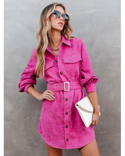 Women Corduroy Dresses Solid Color Belted Daily Mini Dress Shirt Spring Fall