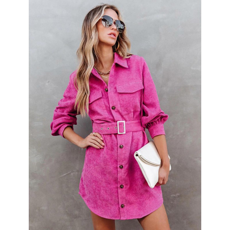 Women Corduroy Dresses Solid Color Belted Daily Mini Dress Shirt Spring Fall