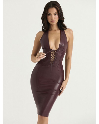 Bodycon Dresses V-Neck Sleeveless PU Leather Birthday Clubwear For Women Sexy Night Out Rave Club