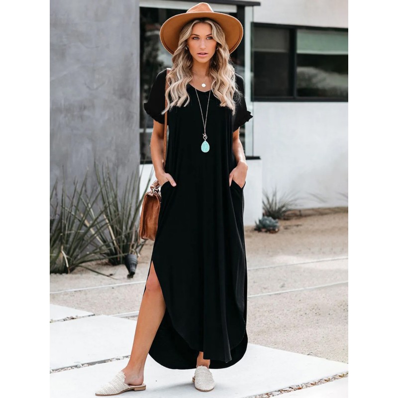 Dresses Short Sleeves Casual Pockets V-Neck Oversized Pink Tunic Dress Shift Street Wear Daily Casual