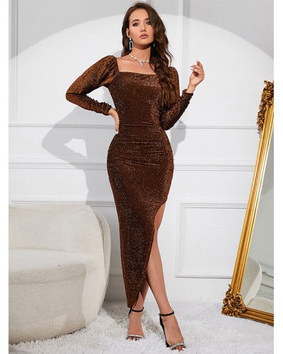 Women Party Dresses Square Neck Split Front Long Sleeves High-slit Semi Formal Dress Maxi Spring Fall Winter