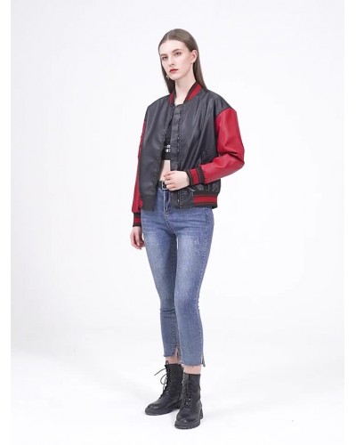 Bomber Jacket Faux Leather Baseball Jacket Oversized Two Tone Zip Up Red Spring Fall Outerwear For Women Casual