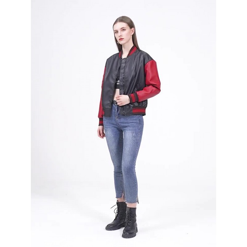 Bomber Jacket Faux Leather Baseball Jacket Oversized Two Tone Zip Up Red Spring Fall Outerwear For Women Casual