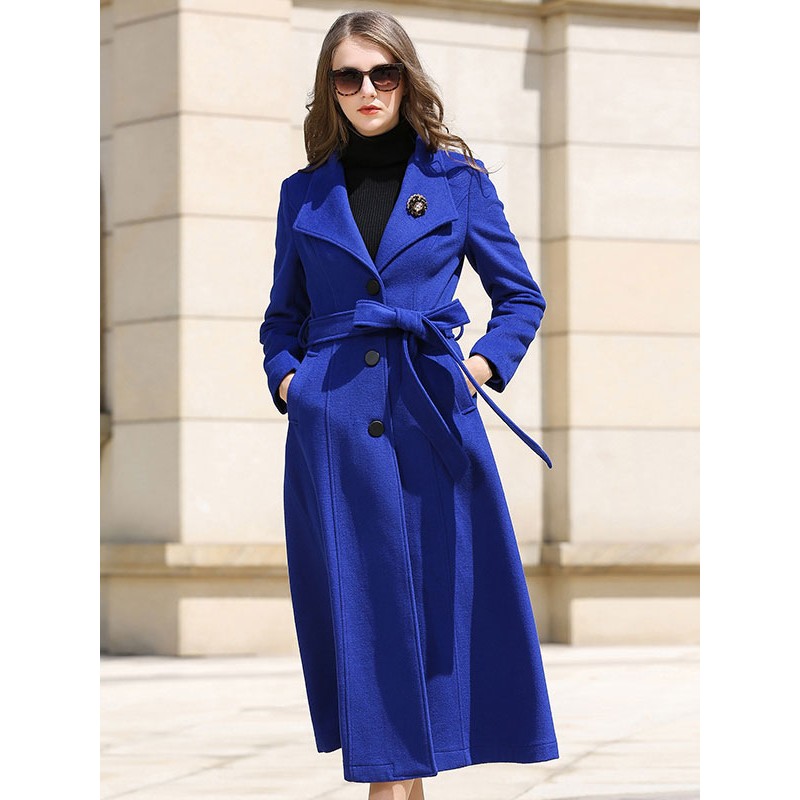 Wrap Coat For Woman Royal Blue Sash Winter Woolen Outerwear 2023 Classic  Traditional Casual