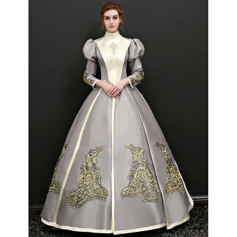 Women Victorian Dress Costume 's Victorian Long Sleeves Silver Grey Ball Gown Stand Collar Victorian Era Clothing With Hat Retro Costumes Halloween Sets Victorian Era