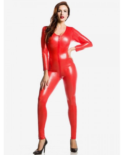 Red Adults Bodysuit Sexy Shiny Metallic Catsuit For Women