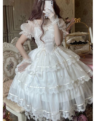 Sweet Lolita JSK Dress Polyester Sleeveless Lace Bow White Lolita Jumper Skirt