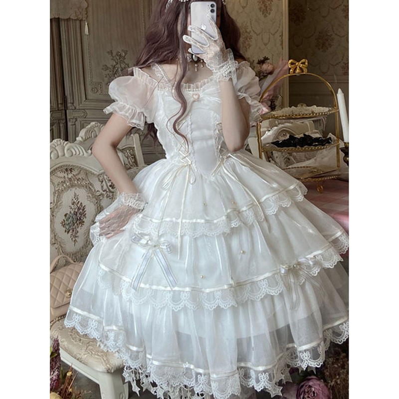 Sweet Lolita JSK Dress Polyester Sleeveless Lace Bow White Lolita Jumper Skirt