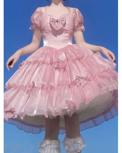 Sweet Lolita OP Dress Polyester Short Sleeves Ruffles Bows Pink Lolita One Piece Dress