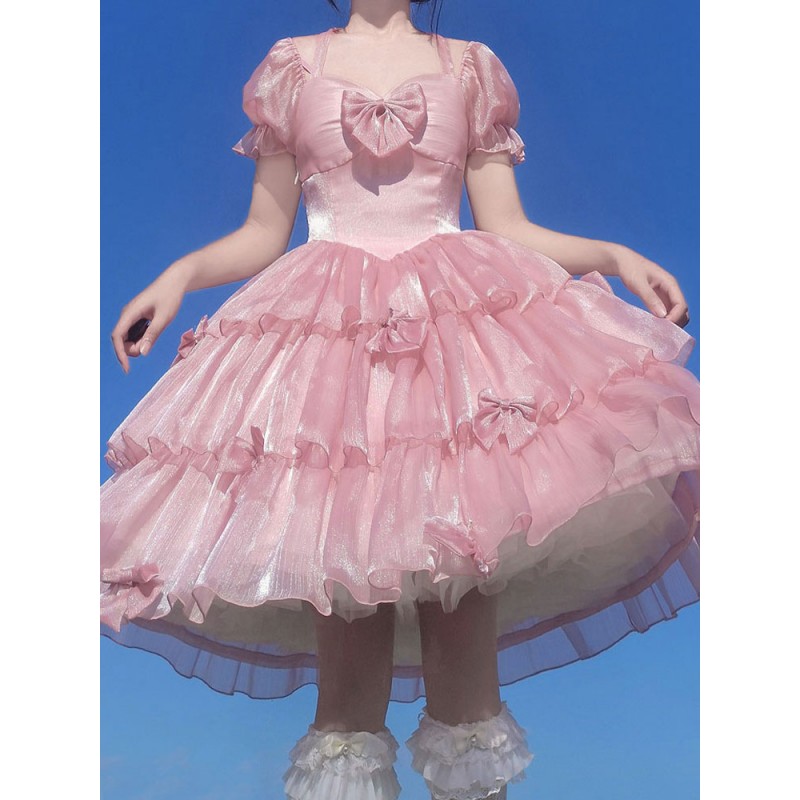 Sweet Lolita OP Dress Polyester Short Sleeves Ruffles Bows Pink Lolita One Piece Dress