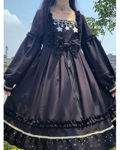 Gothic Lolita Dresses Bows Ruffles Stars Print Black