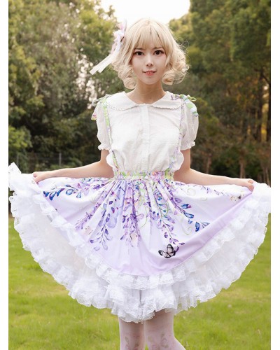 Lolita SK Floral Print Lilac Ruffles Lolita Skirts Sweet Idol clothes Pastoral Style Harajuku Fashion Spring Summer Fall Winter