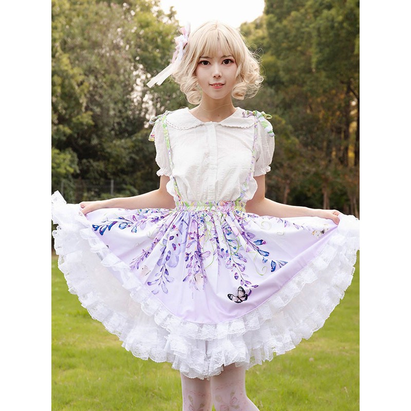 Lolita SK Floral Print Lilac Ruffles Lolita Skirts Sweet Idol clothes Pastoral Style Harajuku Fashion Spring Summer Fall Winter