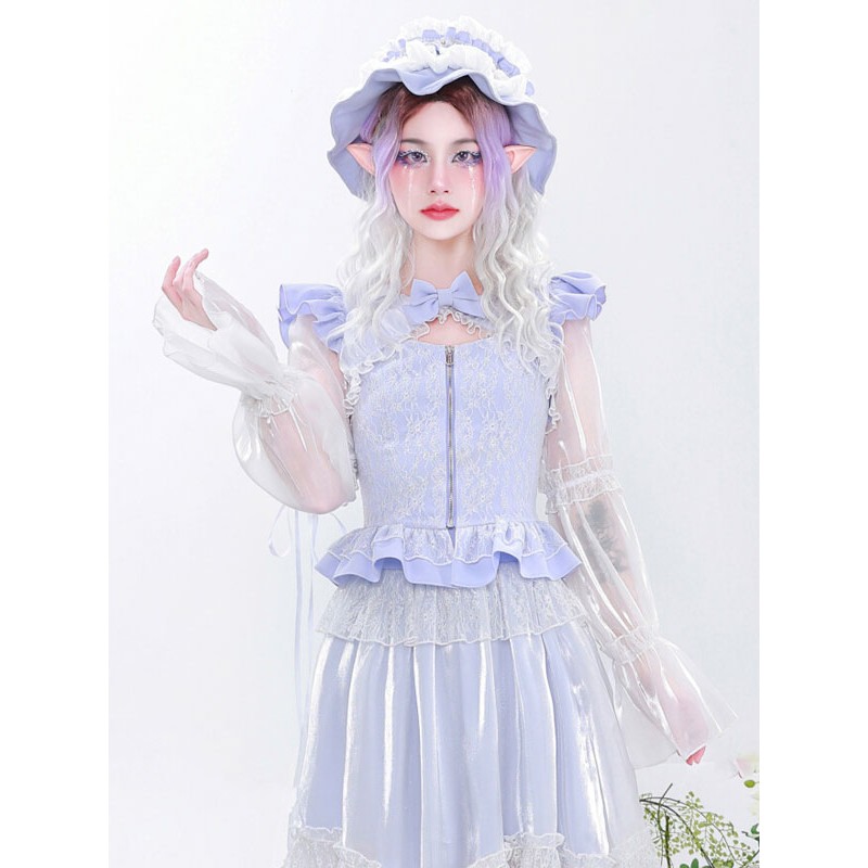 Lolita Blouses Lavender Long Sleeves Lolita Top Lace Bows Lace Lolita Shirt Sweet Daily Casual