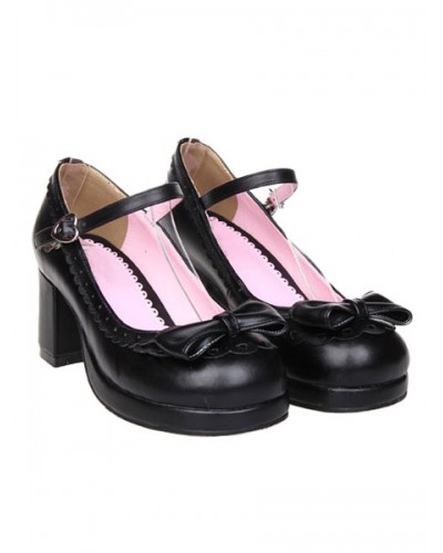 Matte Black Lolita Chunky Heels Shoes Bow Ankle Strap Heart Shape Buckle