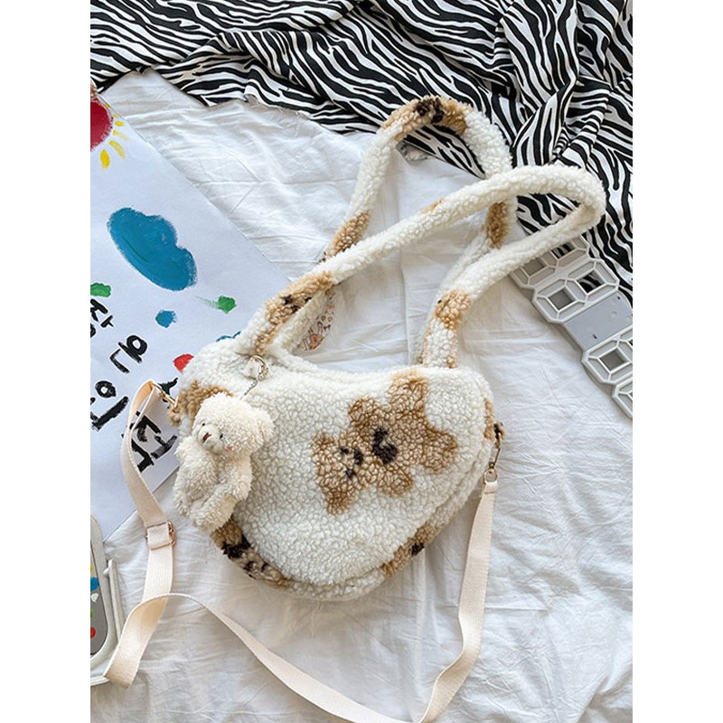 Sweet Lolita Bag White Short Plush Faux Suede Teddy Bear Pattern Lolita Accessories Daily Casual