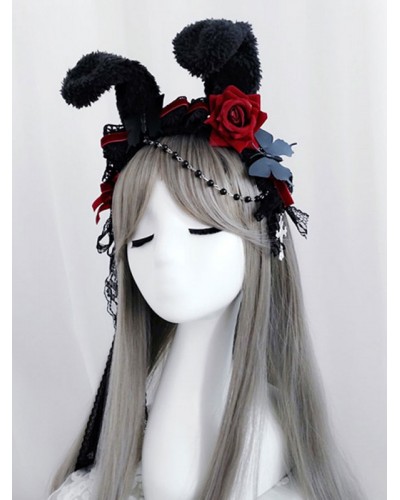 Black Lolita Headdress Polyester Fiber Chains Lace Bows Lace Bow Rabbit Ears Lolita Headband