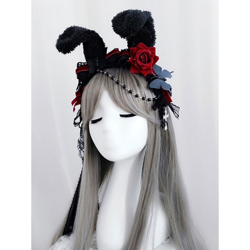 Black Lolita Headdress Polyester Fiber Chains Lace Bows Lace Bow Rabbit Ears Lolita Headband