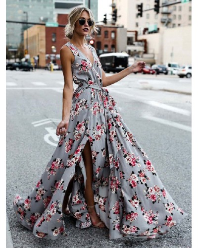 Dresses Sleeveless Grey Floral Printed V-Neck Lace Up Floor Length Dress Maxi Bohemian Summer