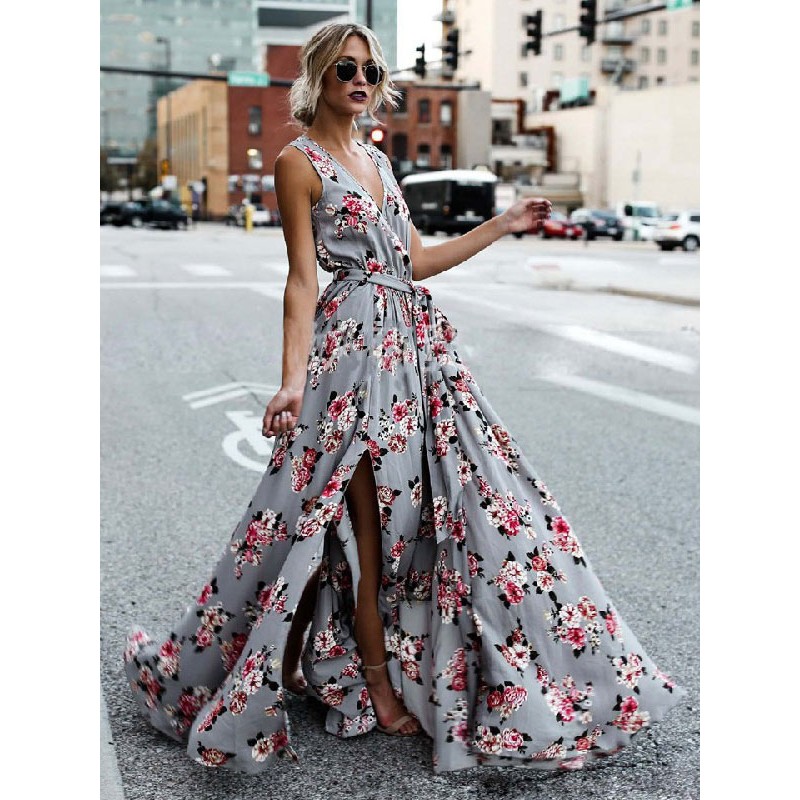 Dresses Sleeveless Grey Floral Printed V-Neck Lace Up Floor Length Dress Maxi Bohemian Summer