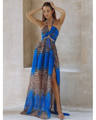 Dress Blue Halter Neck Sleeveless Backless Animal Print Chiffon Maxi Beach Dress Bohemian Summer