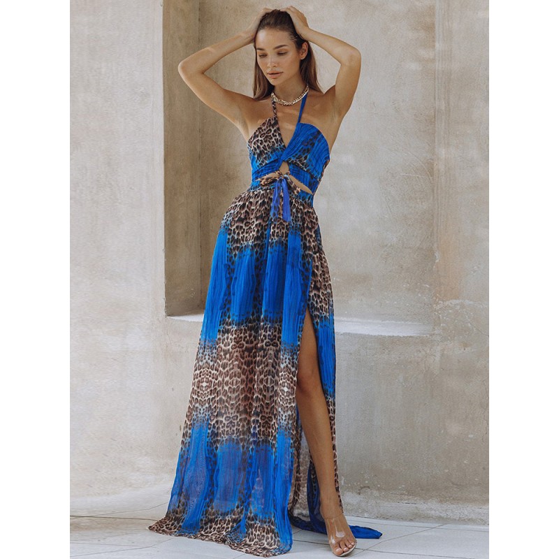 Dress Blue Halter Neck Sleeveless Backless Animal Print Chiffon Maxi Beach Dress Bohemian Summer