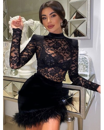 Women Birthday Stretch Lace Casual Jewel Neck Long Sleeves Lace Dresses Sexy Spring Fall