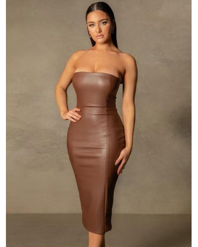 Women Dress Coffee Brown Strapless Piping Open Shoulder Casual Sleeveless Pencil Wrap Dresses Bodycon Summer