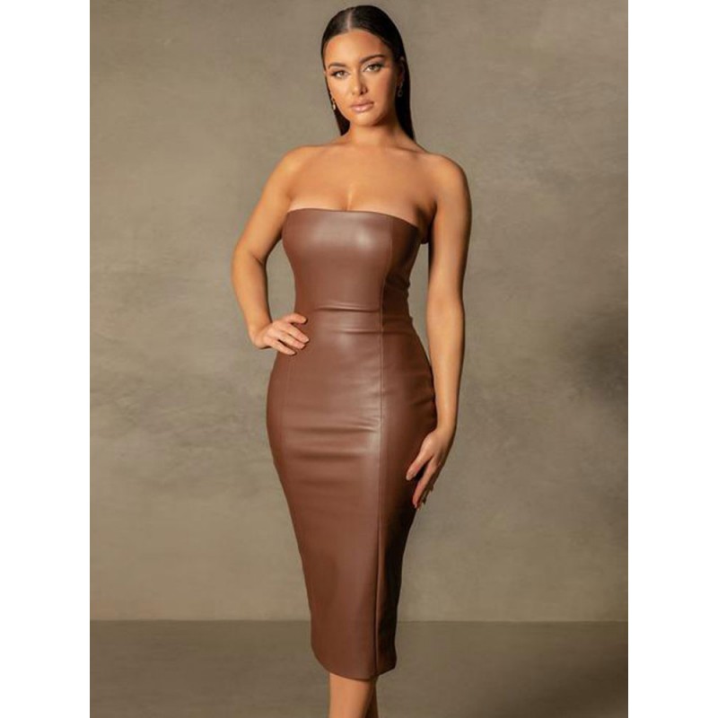 Women Dress Coffee Brown Strapless Piping Open Shoulder Casual Sleeveless Pencil Wrap Dresses Bodycon Summer