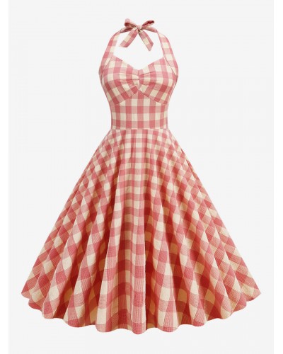 Women Barbie Pink Gingham Dress 1950s Audrey Hepburn Sleeveless Plaid Rockabilly Dress Vintage Street Wear Daily Casual