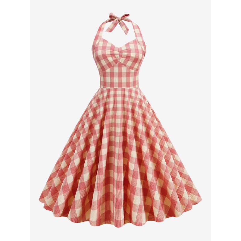 Women Barbie Pink Gingham Dress 1950s Audrey Hepburn Sleeveless Plaid Rockabilly Dress Vintage Street Wear Daily Casual