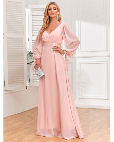 Women Party Dresses Pink V-Neck Backless Lantern Sleeves Semi Formal Dress Maxi Fall Winter