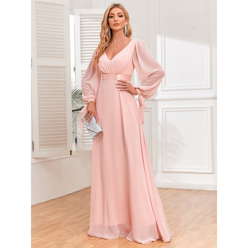 Women Party Dresses Pink V-Neck Backless Lantern Sleeves Semi Formal Dress Maxi Fall Winter