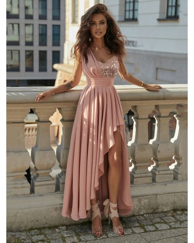 Women Party Dresses Pink Strapless Sequins Sleeveless High Low Design Semi Formal Dress Sweet Sexy Spring Summer Fall