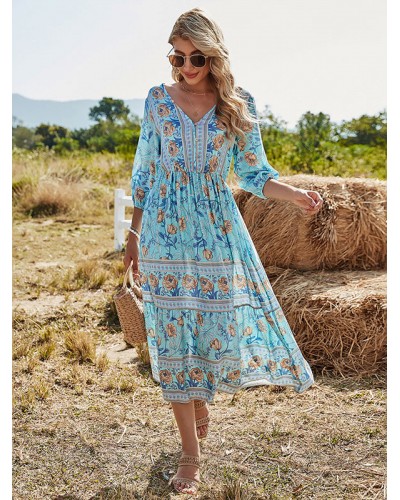 Women Boho Dress V-Neck Half Sleeves Floral Printed Stretch Pleated Beach Dress Maxi Bohemian Summer