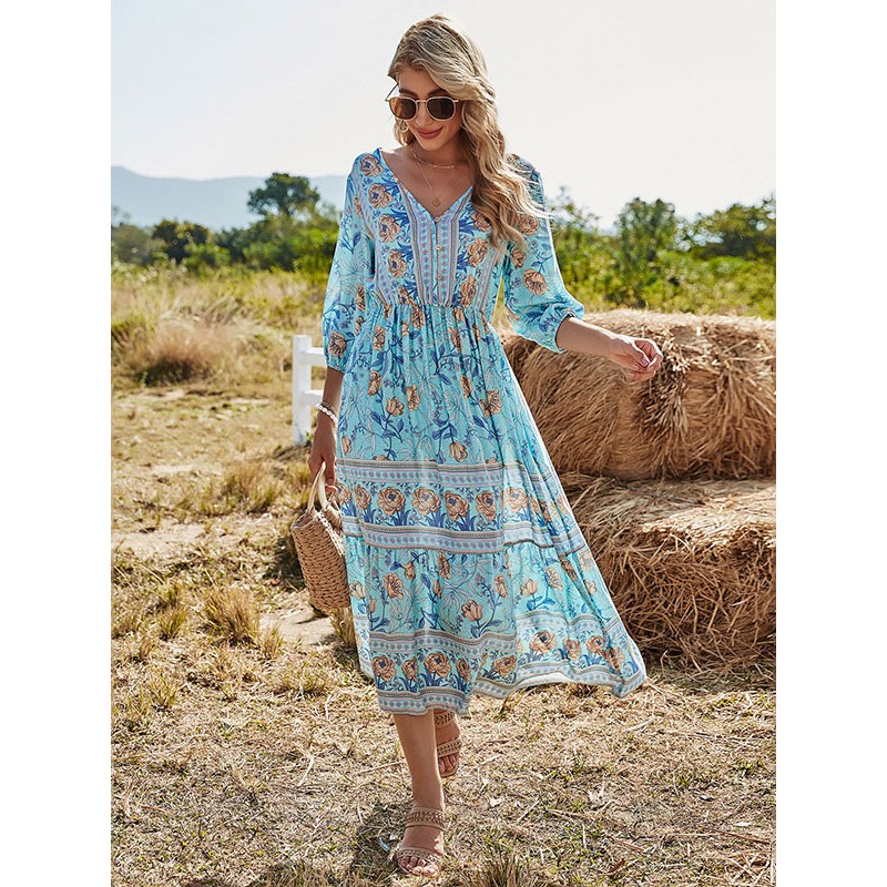 Women Boho Dress V-Neck Half Sleeves Floral Printed Stretch Pleated Beach Dress Maxi Bohemian Summer