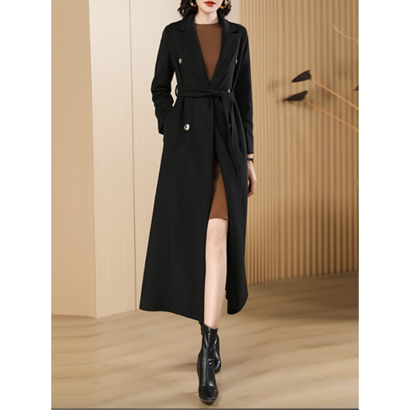 Woman's Wool Coats Belted Black Maxi Outerwear 2023 Classic  Traditional Casual