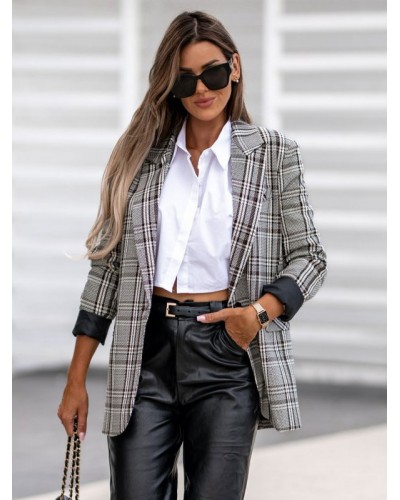 Blazer For Women Modern Turndown Collar Pockets Long Sleeves Plaid Outerwear Casual