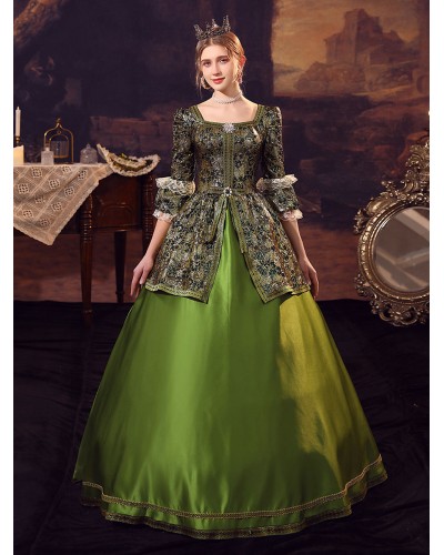 Women Victorian Green Long Sleeves Vintage Jacquard Dress Era Clothing With Hat Retro Costumes Halloween Sets Baroque