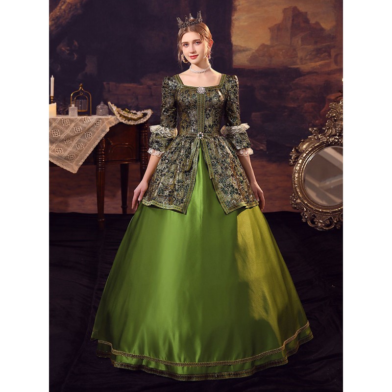 Women Victorian Green Long Sleeves Vintage Jacquard Dress Era Clothing With Hat Retro Costumes Halloween Sets Baroque