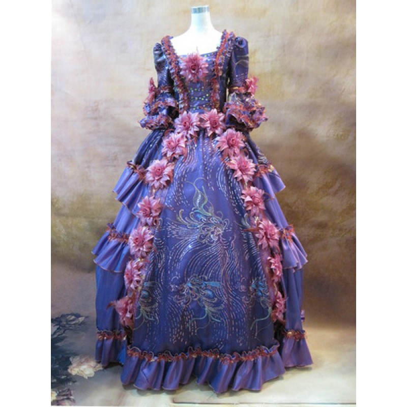 Royal Retro Costume Women's Rococo Ball Gown Purple Flowers Ruffle Tiered Vintage Princess Costume ROCOCO Halloween Holiday Pageant