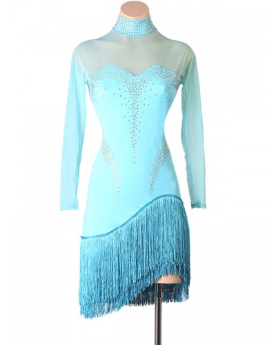 Latin Dance Dresses Aqua Women's Fringe Rhinestones Bodycon Polyester Dress Dancing Costume Sexy Ball