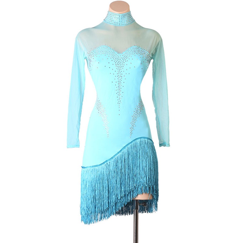 Latin Dance Dresses Aqua Women's Fringe Rhinestones Bodycon Polyester Dress Dancing Costume Sexy Ball