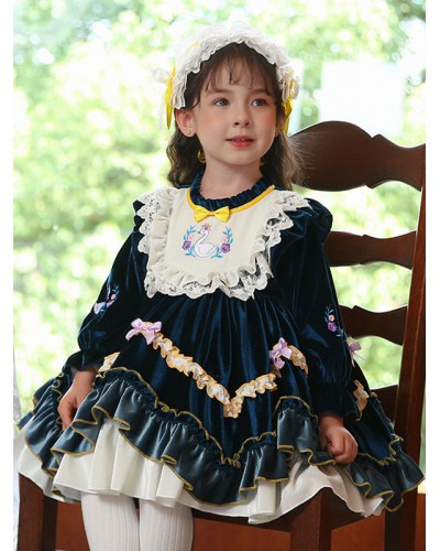 Polyester Daily Casual Lace Long Sleeves Polyester Fall Dress ROCOCO Style Dark Green Kids' Lolita Dresses