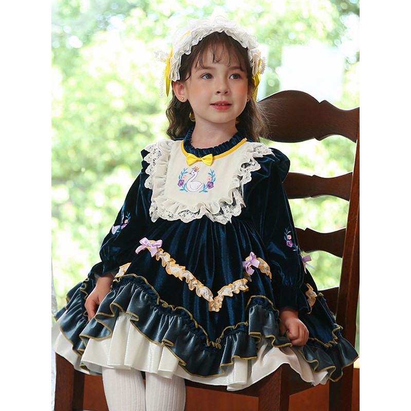 Polyester Daily Casual Lace Long Sleeves Polyester Fall Dress ROCOCO Style Dark Green Kids' Lolita Dresses