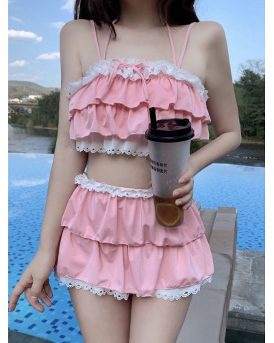 Sweet Lolita Outfits Pink Bows Ruffles Sleeveless Lolita Swimming Suit Outfit Sets