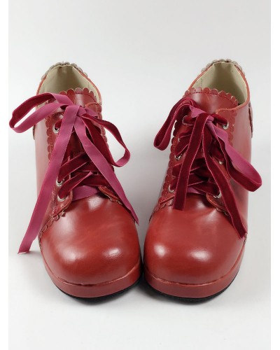 Sweet Lolita Shoes Square Toe Puppy Heel Lace Up Red Lolita Shoes Daily Casual