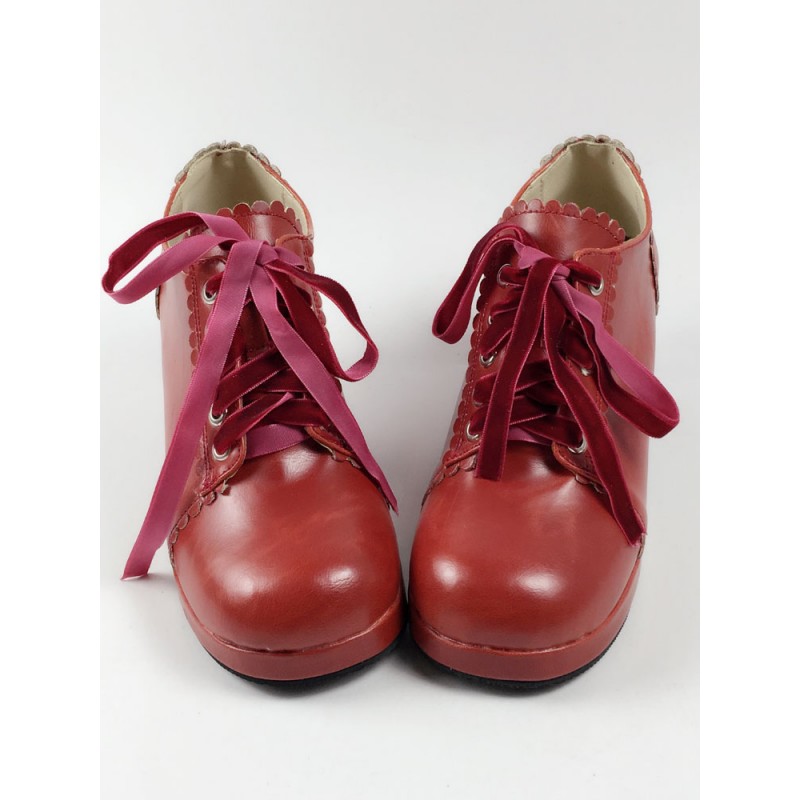 Sweet Lolita Shoes Square Toe Puppy Heel Lace Up Red Lolita Shoes Daily Casual