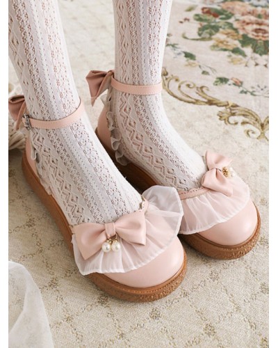 Sweet Lolita Sandals Round Toe PU Leather Bows Pink Lolita Summer Ankle Strap Heels Daily Casual